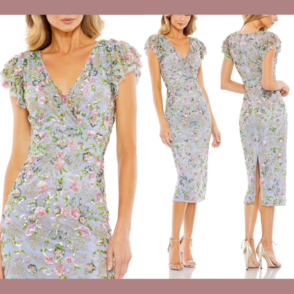 NWT Mac Duggal‎ [ 4 ] Floral Embellished Flutter Cap Sleeve Dress Blue Slate
